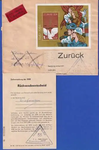 DDR 1984 Mi.-Nr. Block 79 als EF auf Eil-Brief mit Rücksendeentscheid O LEIPZIG