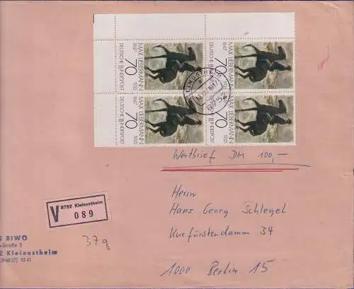 Bund 1978 Liebermann Mi.-Nr. 987 ER-4erBlock als MEF a. Wertbrief O KLEINOSTHEIM