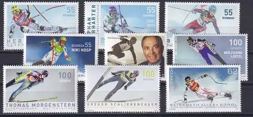 Österreich Skifahrer und Skispringer Lot mit 9 Sondermarken postfrisch **