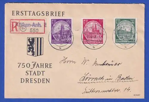 DDR 1956 Dresden Mi.-Nr. 524-526 Satz kpl. auf R-FDC O KÖTHEN (ANHALT)