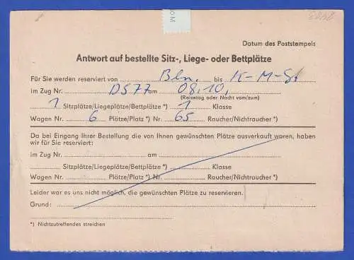 DDR 1980 Tierpark Mi.-Nr. 2483 als MEF auf Postkarte Bahnreservierung O BERLIN