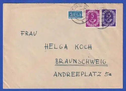 Bund 1951 Posthorn  Mi.-Nr. 125 und 129 als MiF auf Brief O KÖLN-SÜLZ