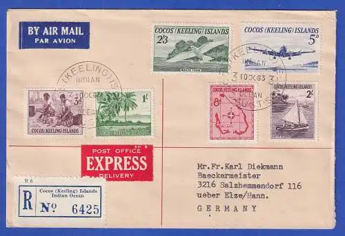 Kokosinseln 1963 Landesmotive Mi.-Nr. 1-6 auf LP-Express-R-Brief FDC 