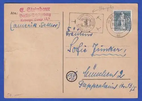 Berlin 1949 Postkarte nach München mit Stempel "KAUFT VOM BLOCKIERTEN BERLIN"