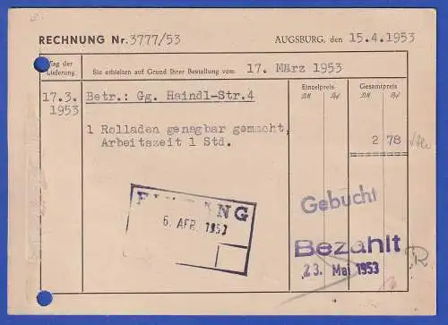 Bund 1951 Posthorn 8 Pfg. Mi.-Nr. 127 als EF auf Rechnung O AUGSBURG