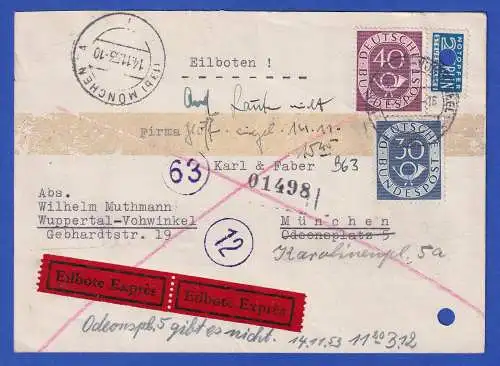 Bund 1951 Posthorn Mi.-Nr. 132 und 133 als MiF auf Brief O WUPPERTAL