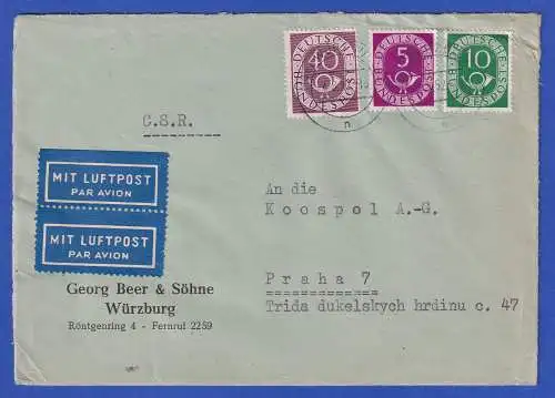 Bund 1951 Posthorn Mi.-Nr. 125, 128, 133 in MiF auf LP-Brief O WÜRZBURG