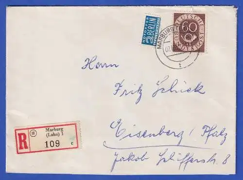 Bund 1951 Posthorn 60 Pfg. Mi.-Nr. 135 als EF auf R-Brief O MARBURG