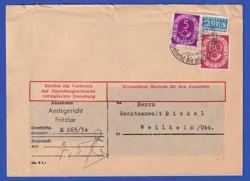 Bund 1951 Posthorn Mi.-Nr. 125 und 137 in MiF auf Zustellungsurkunde O FRITZLAR