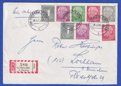 Bundesrepublik 1960 Heuss Mi.-Nr. 182xY u.a. in MiF auf R-Brief O GRÜNWALD  