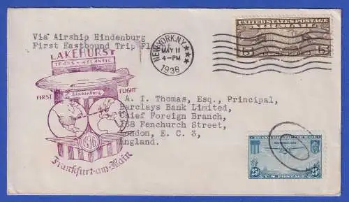 USA 1936 Zeppelinpost-Brief Luftschiff Hindenburg O NEW YORK nach London