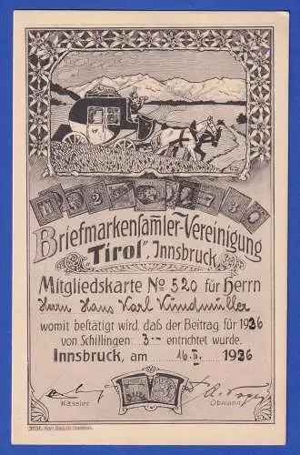 Österreich 1936 Briefmarkensammler-Vereinigung Innsbruck Mitgliedskarte