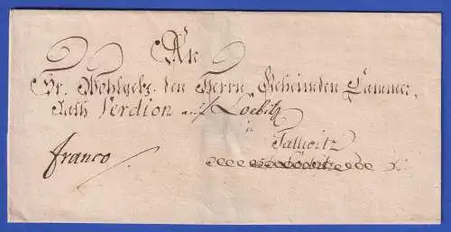 Sachsen ca. 1750 Brief mit franco-Vermerk an Otto Bernhard von Verdion in Löbitz