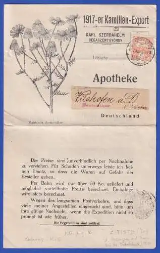 Ungarn 1917 Katalog Kamillen-Export als Drucksache verschickt O BEGASZENTGYÖRGY