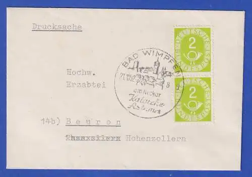 Bund 1951 Posthorn 2 Pfg. Mi.-Nr. 123 Paar auf Drucksache So.-O BAD WIMPFEN