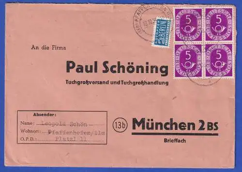 Bund 1951 Posthorn 5 Pfg Mi.-Nr. 125 Viererblock als MEF a. Brief O PFAFFENHOFEN