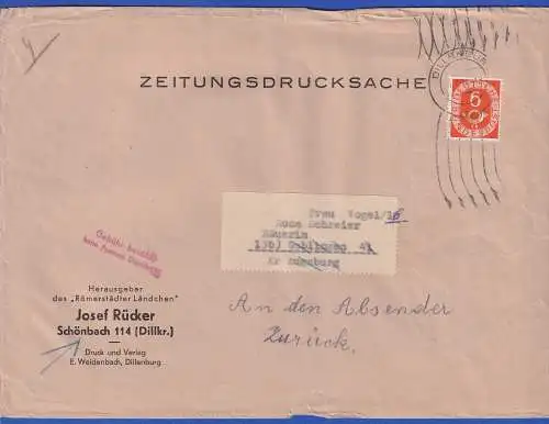 Bund 1951 Posthorn 6 Pfg. Mi.-Nr. 126 als EF auf Zeitungsdrucksache O DILLENBURG