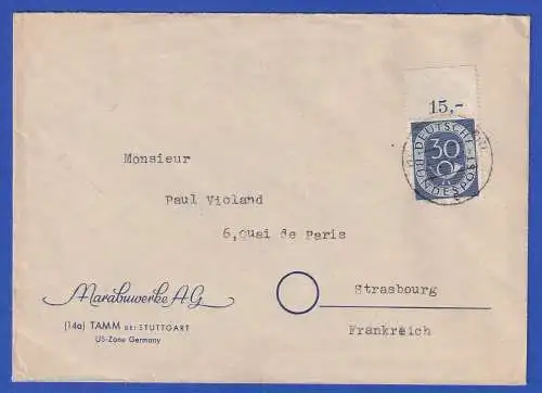 Bund 1951 Posthorn 30 Pfg Mi.-Nr. 132 Oberrandstück als EF a. Brief n. Straßburg