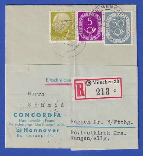 Bund 1951 Posthorn Mi.-Nr. 125, 134 u.a. in MiF auf  R-Brief O MÜNCHEN