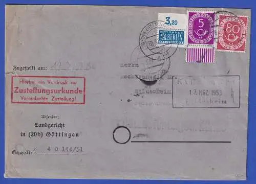 Bund 1951 Posthorn Mi.-Nr. 125, 137 in MiF auf Zustellungsurkunde O GÖTTINGEN