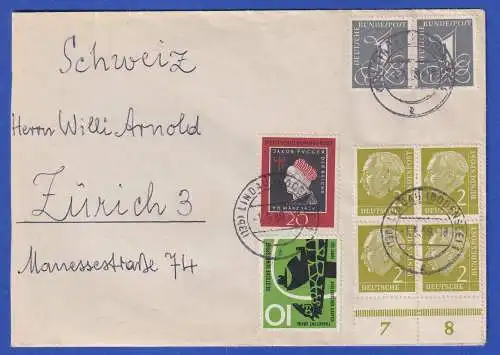 Bund Heuss Mi.-Nr. 177 Unterrandviererblock u.a. in MiF auf Brief O LINDAU 1959