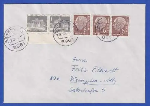 Bund Heuss Mi.-Nr. 180 Paar u.a. in MiF auf Brief O WIGGENSBACH 1954