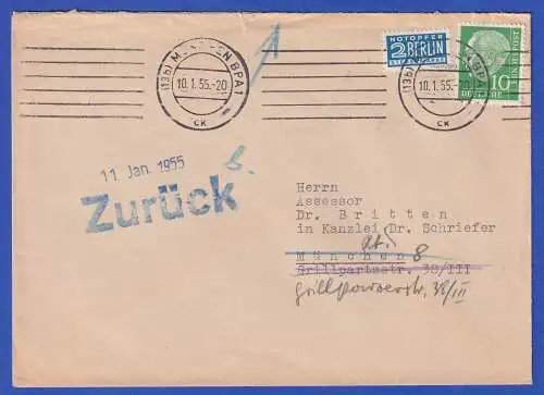 Bund Heuss 10 Pfg Mi.-Nr. 183 als EF auf retourniertem Brief O MÜNCHEN 1955