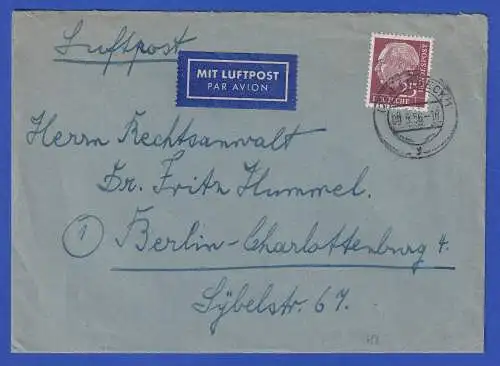 Bund Heuss 25 Pfg Mi.-Nr. 186 als EF auf Luftpost-Brief O LÜBECK 1956