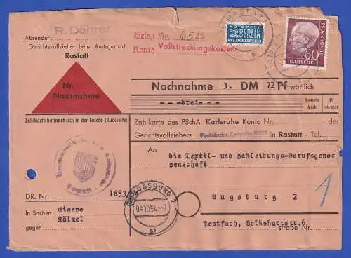 Bund 1954 Heuss 60 Pfg Mi.-Nr. 190 als EF auf Nachnahme O RASTATT