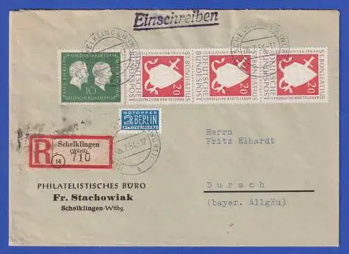 Bund 1954 Mi.-Nr. 197 und 199 Dreier-Streifen als MiF auf R-Brief O SCHELKLINGEN