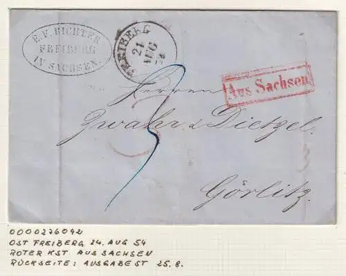 Brief mit Einkreis-O FREIBERG und rotem Kasten-O Aus Sachsen 1854