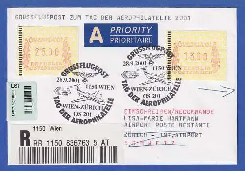 Österreich FRAMA-ATM ÖVEBRIA`01 Mi -Nr.5 hohe Werte 13 und 25 auf R-Brief n. CH 