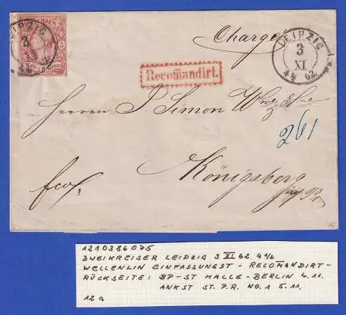 Sachsen 1862 König Johann I. 5 Ngr. Mi.-Nr. 12a auf R-Brief O LEIPZIG