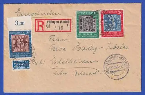 Bund 1949 Briefmarkenjubiläum Mi.-Nr. 113-115 als MiF auf R-Brief O ESSLINGEN