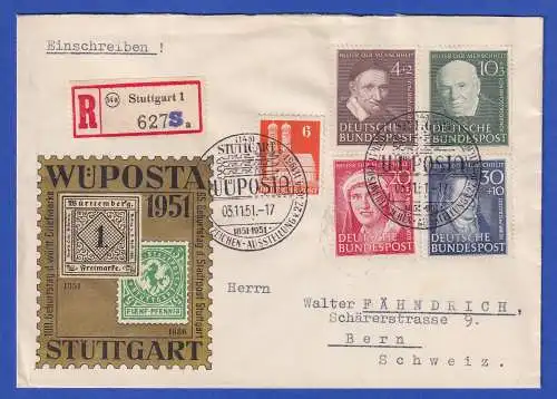 Bund 1951 Mi.-Nr.143-146 auf Sonderumschlag WÜPOSTA STUTTGART R-Brief mit So.-O 