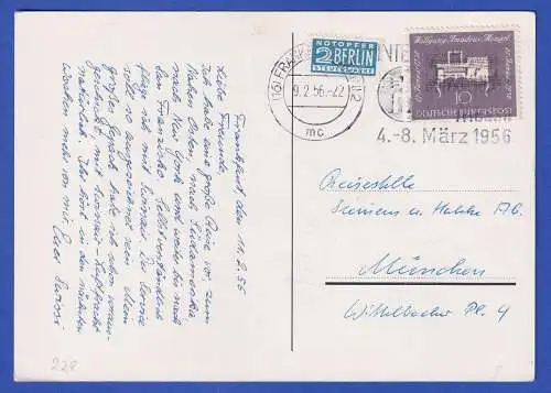 Bund 1956 Mozart Mi.-Nr. 228 auf Werbe-Postkarte SwissAir O FRANKFURT