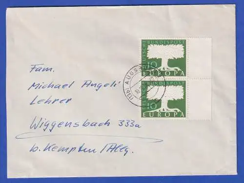 Bund 1958 Europa Mi.-Nr. 294 Seitenrand-Paar auf Brief O AUGSBURG