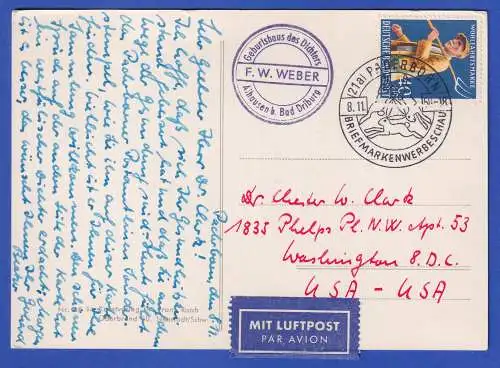 Bund 1958 Wohlfahrt Mi.-Nr. 300 auf LP-Postkarte in die USA, O PADERBORN