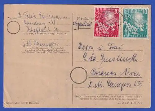 Bund 1949 Mi.-Nr. 111-12 auf Auslands-Postkarte n. Argentinien O HANNOVER 8.9.49