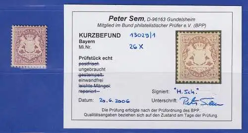 Bayern 1870 Wappen 12 Kreuzer braunpurpur Mi.-Nr. 26X ungebraucht * KB SEM BPP