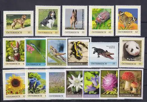 Österreich Meine Marke, Lot 18 Werte zum Thema Natur, Tiere, Pflanzen, Pilze