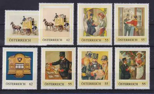 Österreich Meine Marke, Lot 8 Werte Postgeschichte, traditionelle Postzustellung