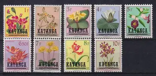 Belgisch-Kongo Katanga Teilsatz hohe Werte 1-10 Francs Flora Blumen **