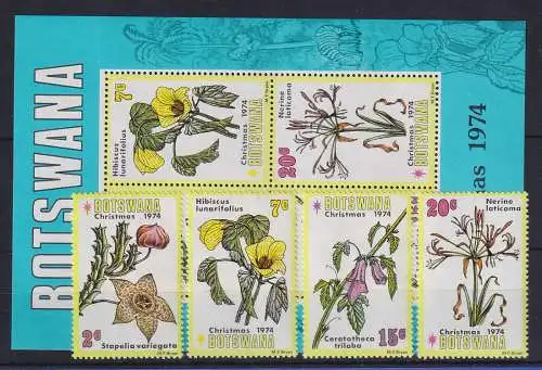 Botswana 1974 Weihnachten Blumen Blüten Mi.-Nr. 128-131, Block 8 postfrisch **