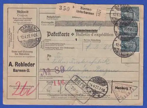 Dt. Reich 1927 Mi.-Nr. 369 als MEF auf Paketkarte O BARMEN n. Salhus (Norwegen)