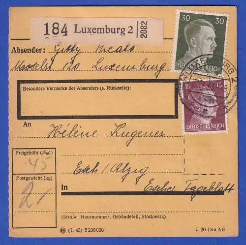 Dt. Reich 1943 Hitler Mi.-Nr. 789 und 794 als MiF auf Paketkarte O LUXEMBURG 