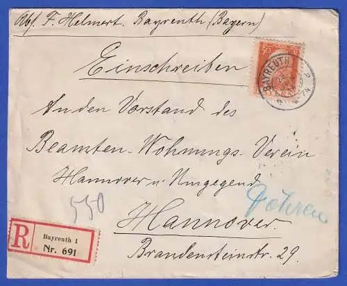 Bayern 1914 Luitpold Mi.-Nr. 81 II als EF auf R-Brief O BAYREUTH nach Hannover