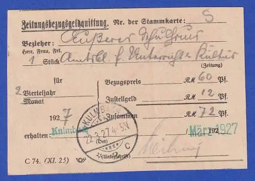 Dt. Reich 1927 Zeitungsbezugsgeldquittung O KULMBACH