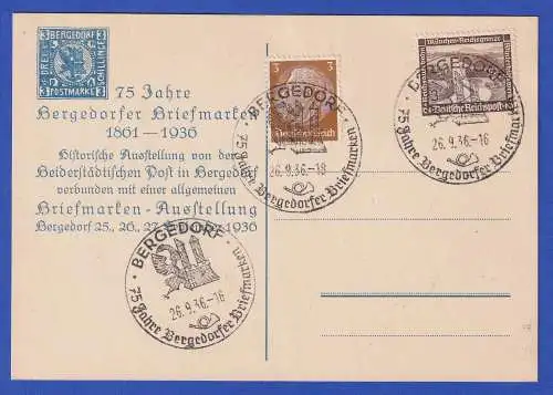 Dt. Reich 1936 Souvenir-Karte 75 Jahre Briefmarken Bergedorf mit So.-O