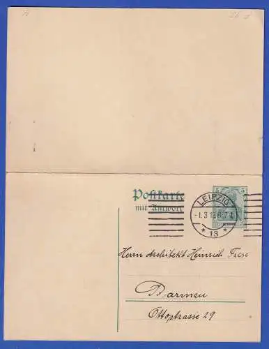 Dt. Reich 1913 GA Postkarte mit Antwortteil Mi.-Nr. P92 O LEIPZIG nach Barmen